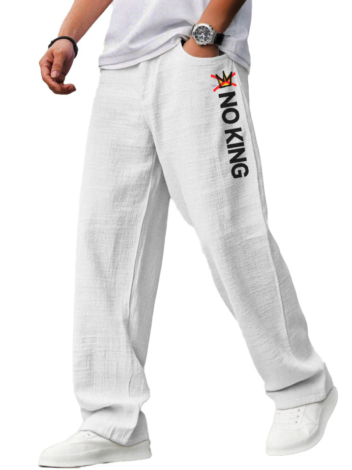 "no King" Letter-printed Casual Linen Fabric Loose Pocket Pants