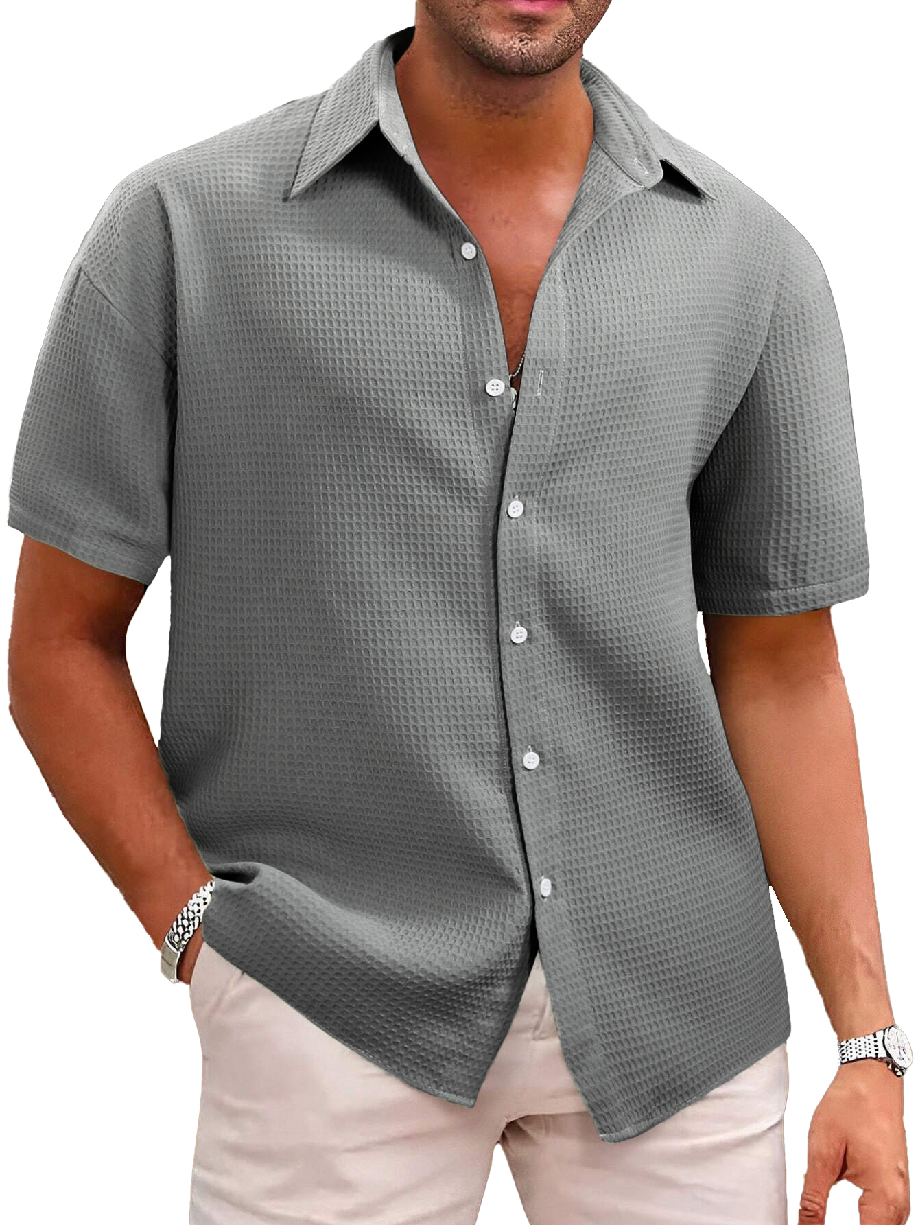 Hawaiian Men's Casual Lapel Waffle Fabric Short Sleeve Shirt