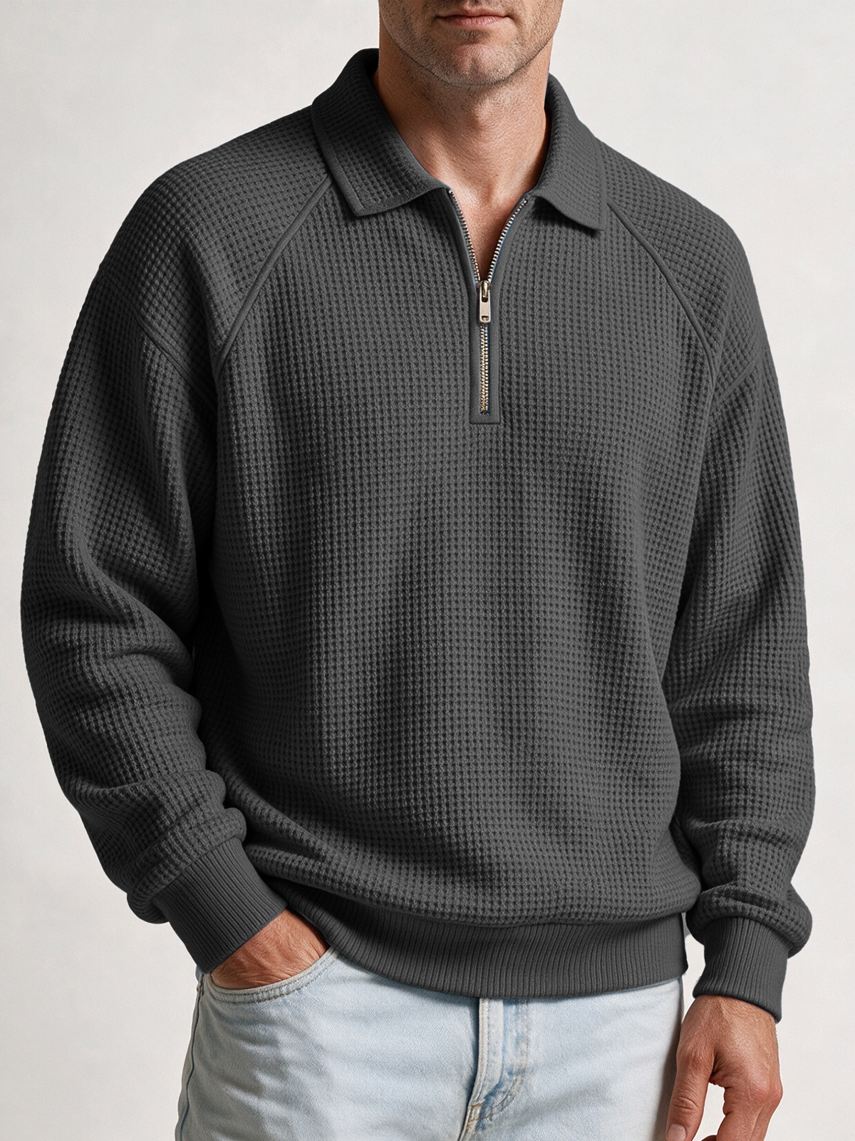 Men's Waffle-Knit Quarter-Zip Polo Sweatshirt