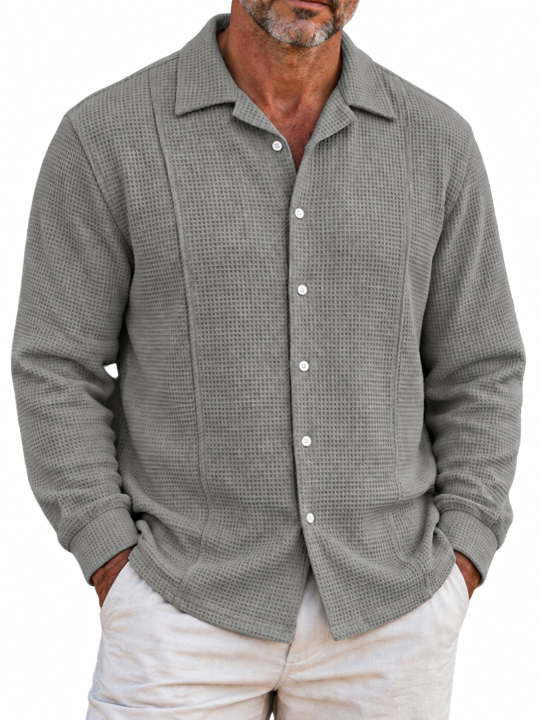 Men's Minimalist Waffle-Knit Long-Sleeve Button-Down Shirt with Stitching Detail
