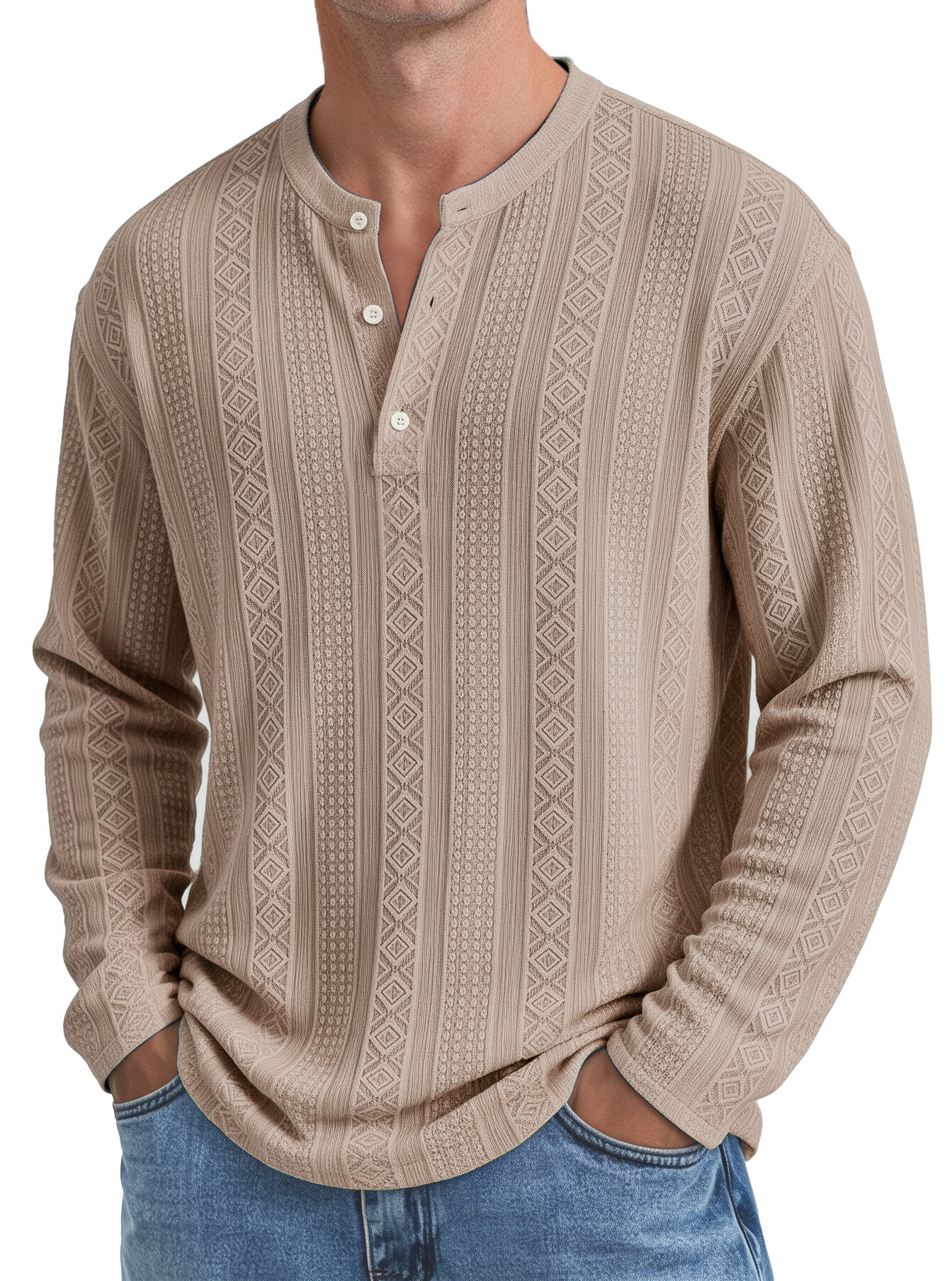 Men's Minimalist Textured Long-Sleeve Button-Front Henley