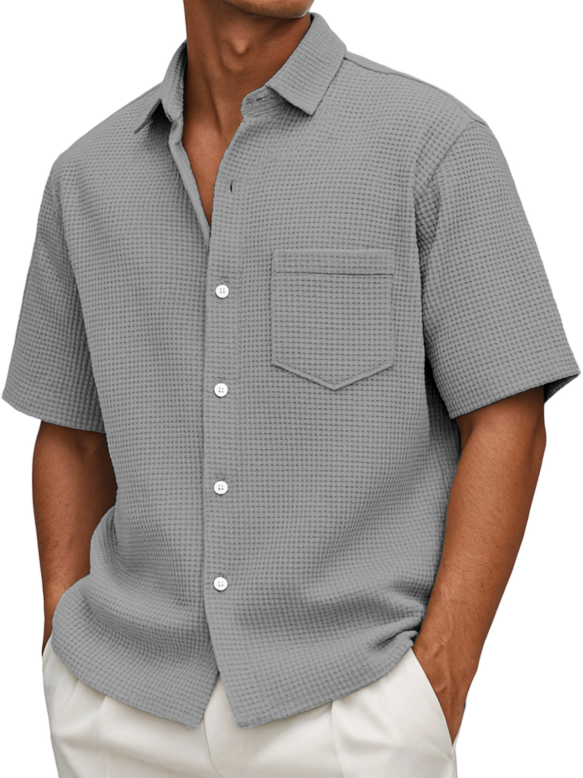 Men's Summer Loose Casual Waffle Solid Color Button Short Sleeve Shirt