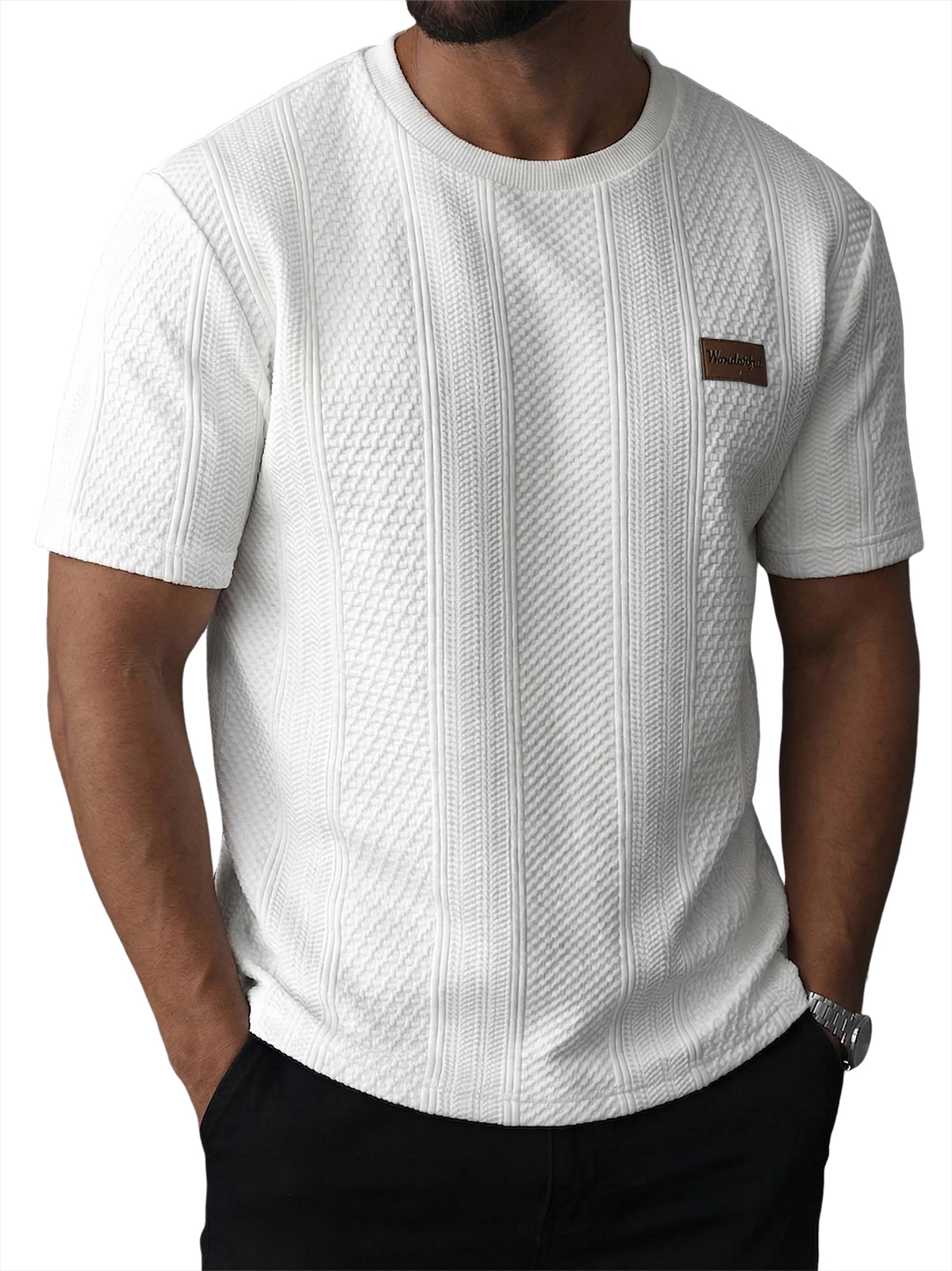 Men's Striped Jacquard Textured Casual Crew Neck Short-Sleeve T-Shirt