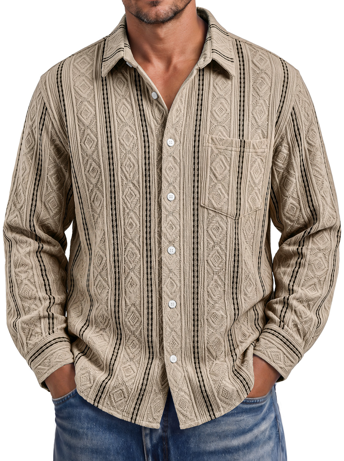 Men's Autumn Casual Long-Sleeve Shirt with Jacquard Texture