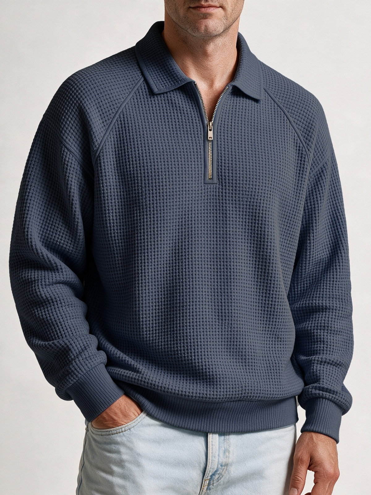 Men's Waffle-Knit Quarter-Zip Polo Sweatshirt