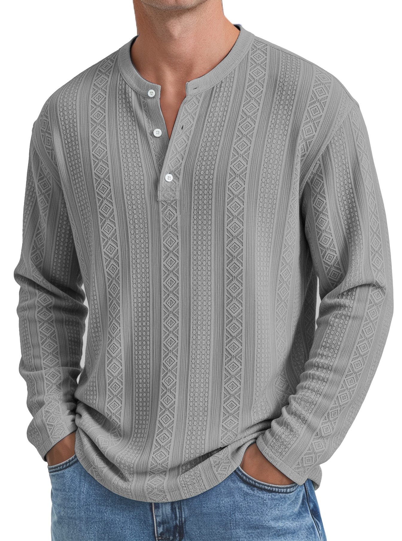 Men's Minimalist Textured Long-Sleeve Button-Front Henley