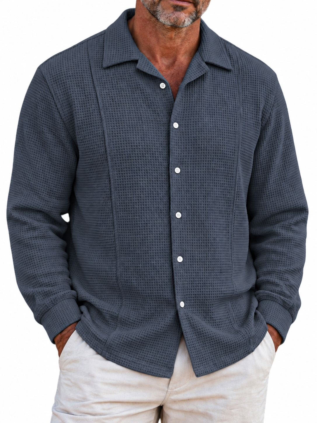 Men's Minimalist Waffle-Knit Long-Sleeve Button-Down Shirt with Stitching Detail