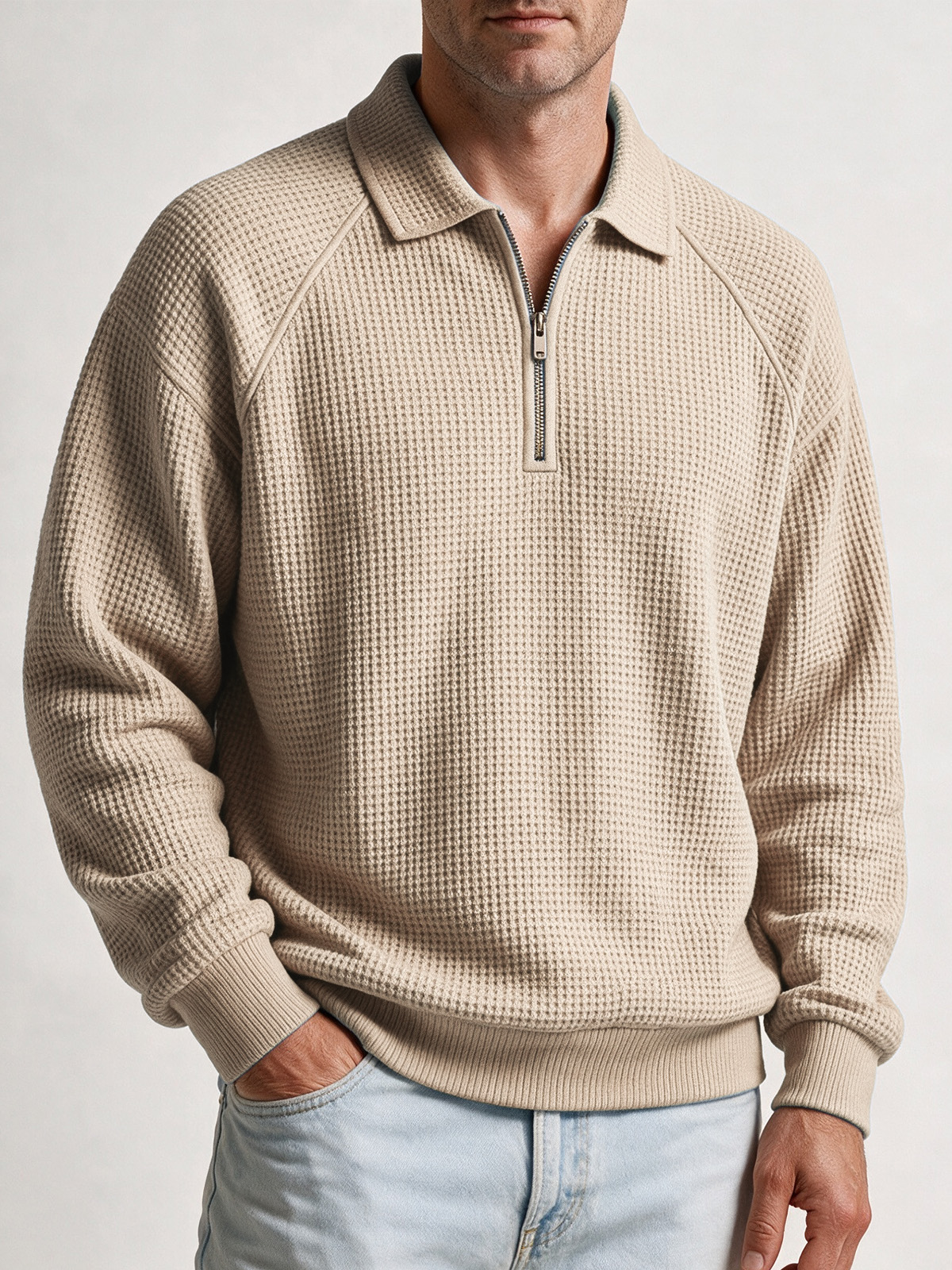 Men's Waffle-Knit Quarter-Zip Polo Sweatshirt