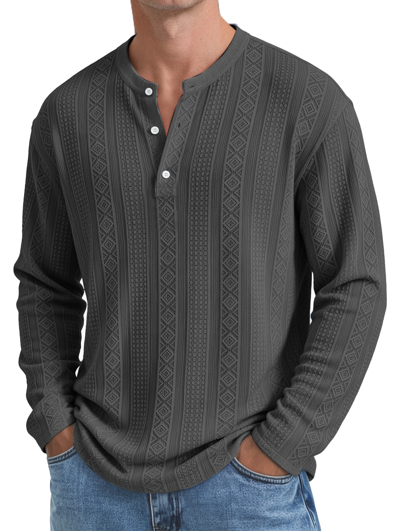 Men's Minimalist Textured Long-Sleeve Button-Front Henley