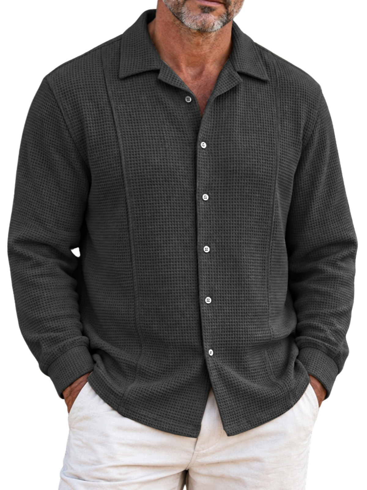 Men's Minimalist Waffle-Knit Long-Sleeve Button-Down Shirt with Stitching Detail
