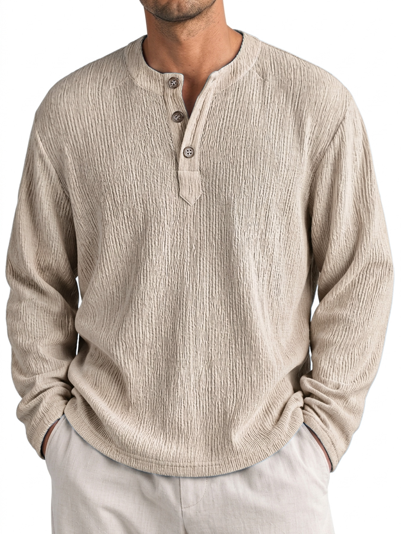 Men's Casual Textured Comfortable Long-Sleeve Henley Shirt