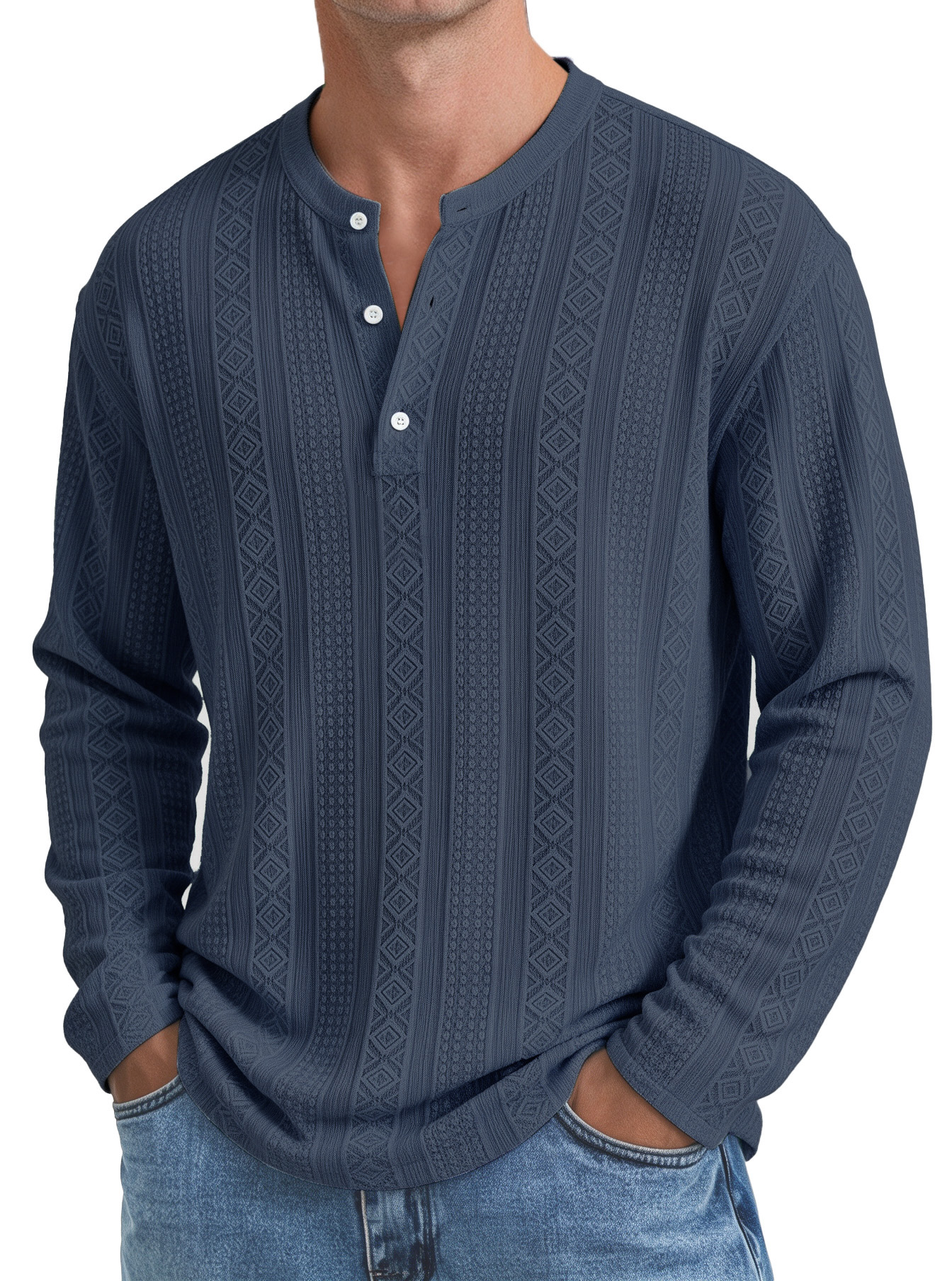 Men's Minimalist Textured Long-Sleeve Button-Front Henley
