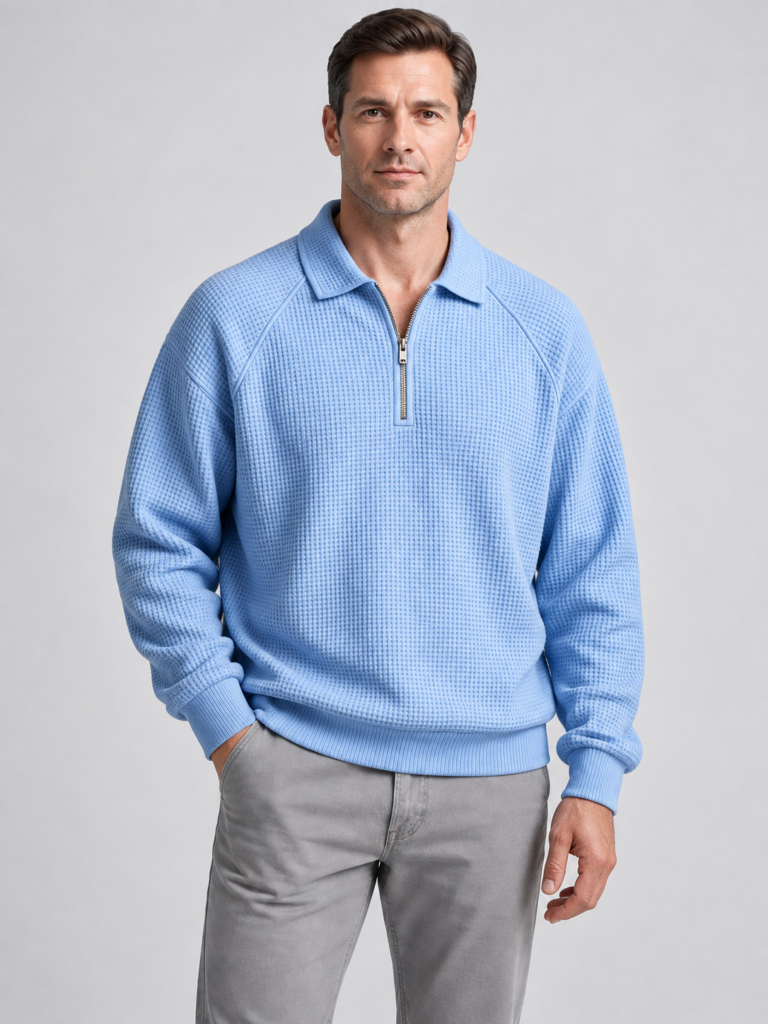 Men's Waffle-Knit Quarter-Zip Polo Sweatshirt