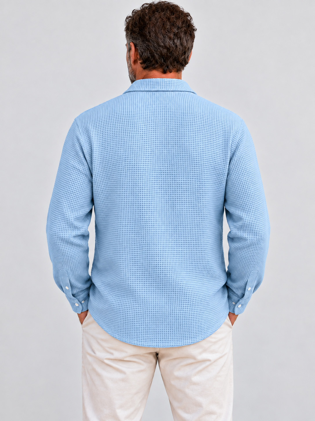 Men's Minimalist Waffle-Knit Long-Sleeve Button-Down Shirt with Stitching Detail