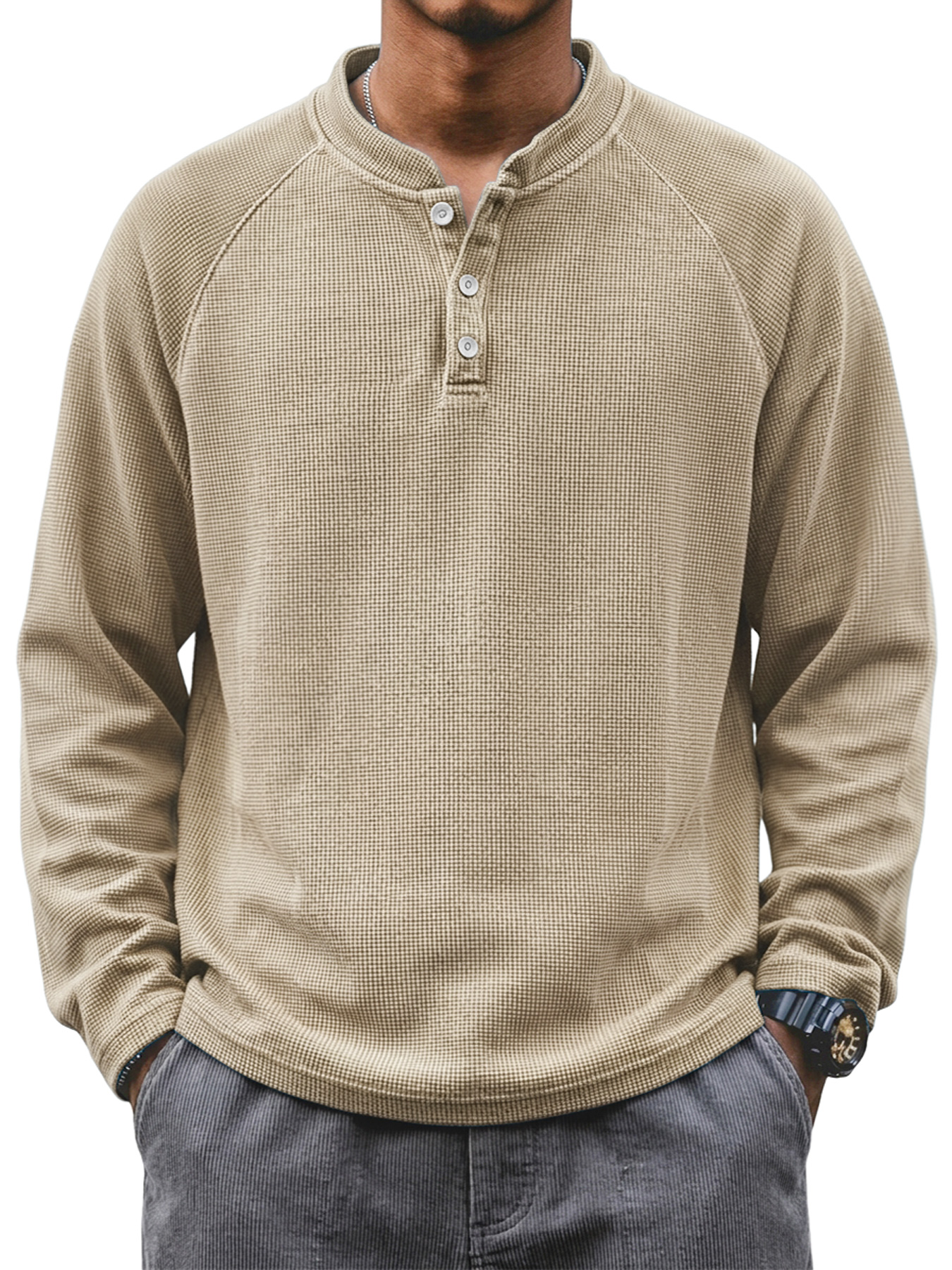 Men's Waffle-Knit Casual Long-Sleeve Henley Shirt with Stand Collar and Button Placket