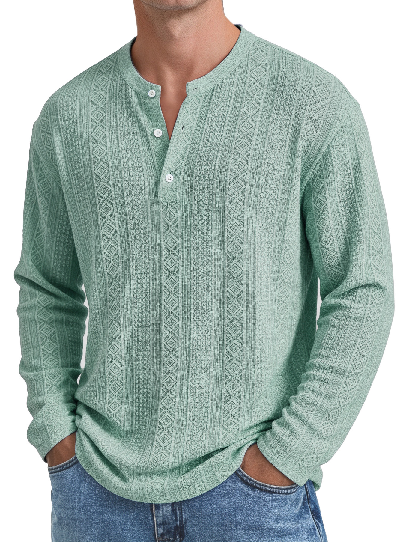 Men's Minimalist Textured Long-Sleeve Button-Front Henley