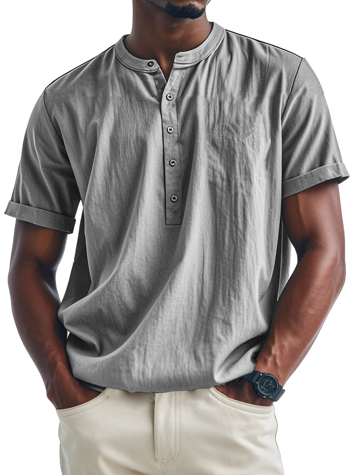 Men's Fashion Casual Stand Collar Multi-Button Short Sleeve Henley Shirt
