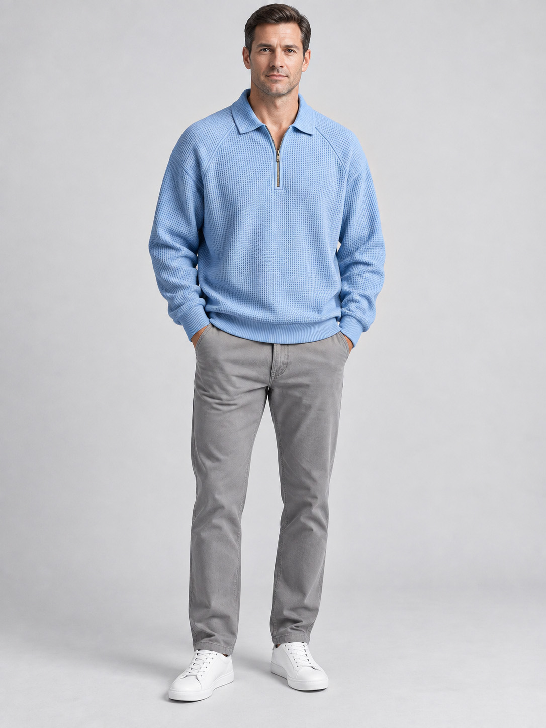 Men's Waffle-Knit Quarter-Zip Polo Sweatshirt