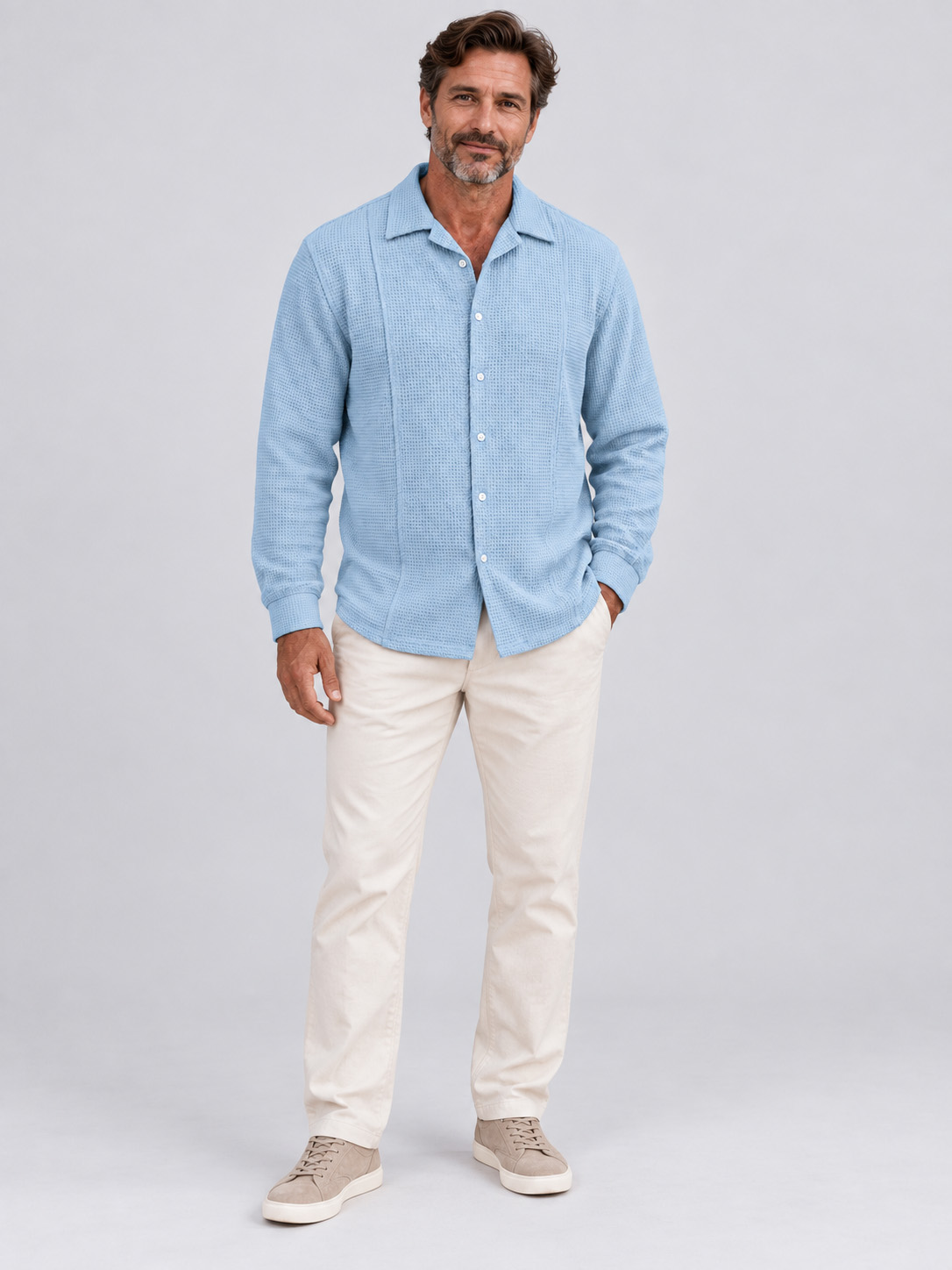 Men's Minimalist Waffle-Knit Long-Sleeve Button-Down Shirt with Stitching Detail