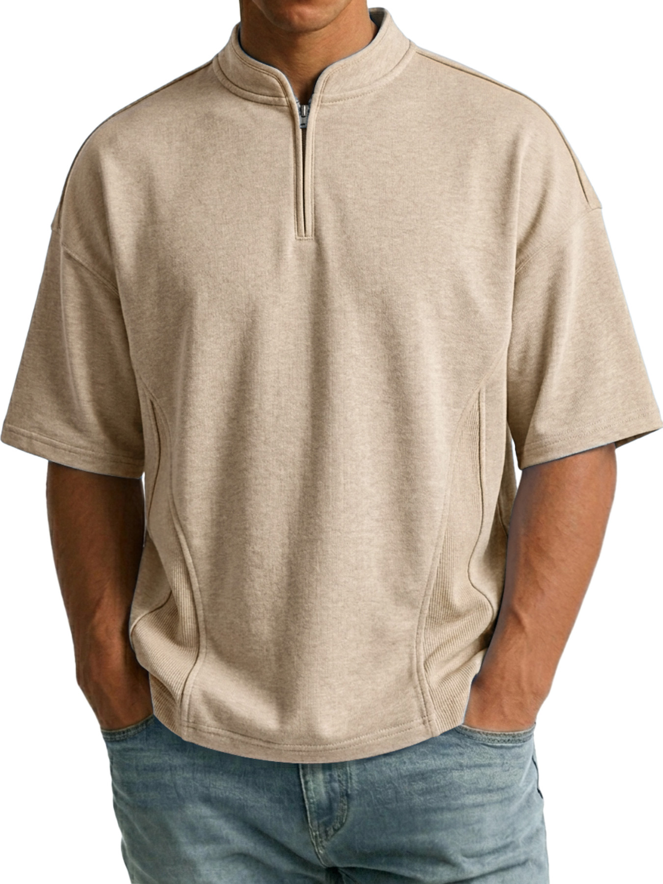 Men's Simple Zipper Patchwork Deconstructed Design Casual Short-Sleeve T-Shirt