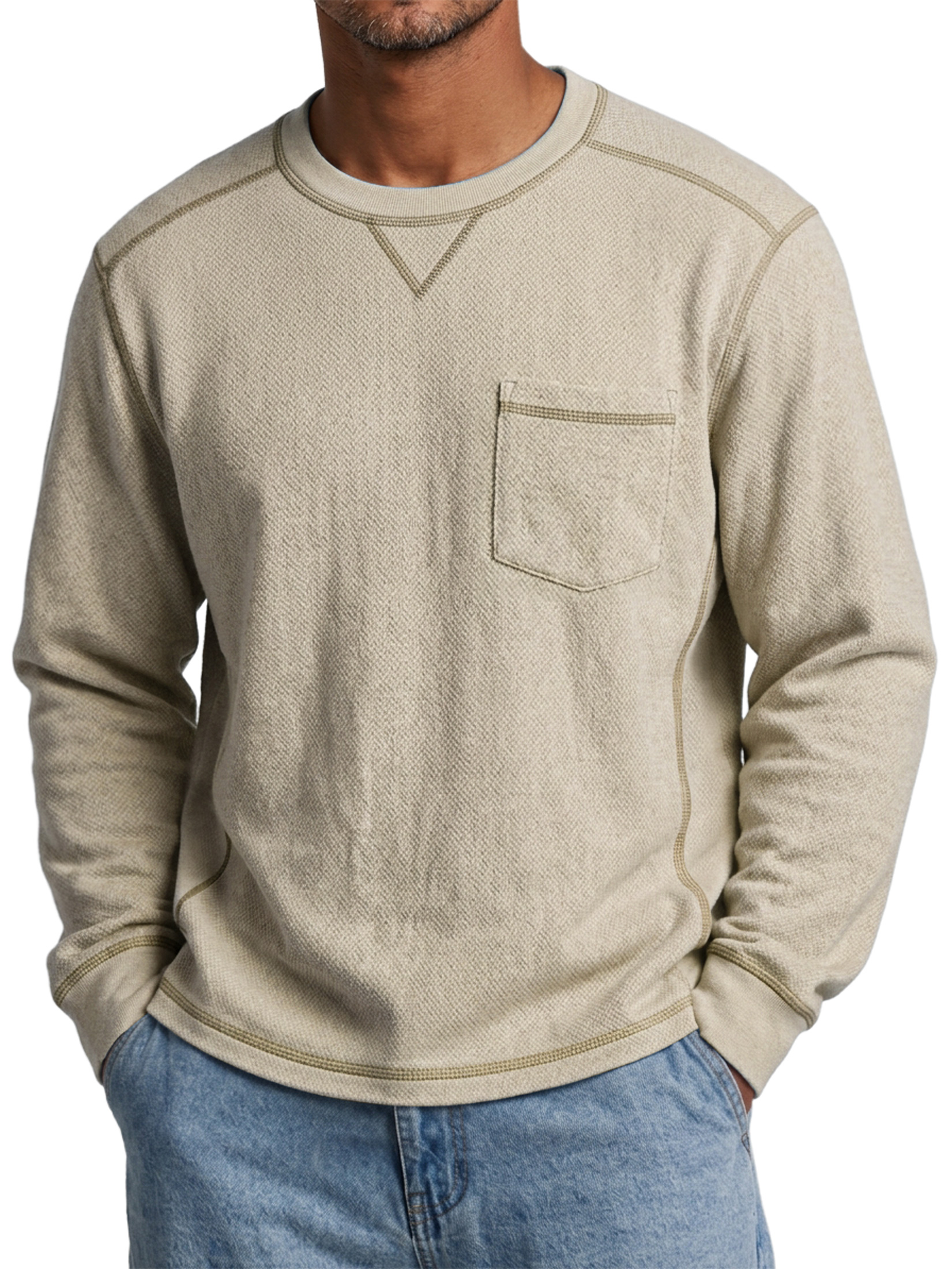 Men's Casual Long-Sleeve Crew-Neck T-Shirt with Contrast Stitching