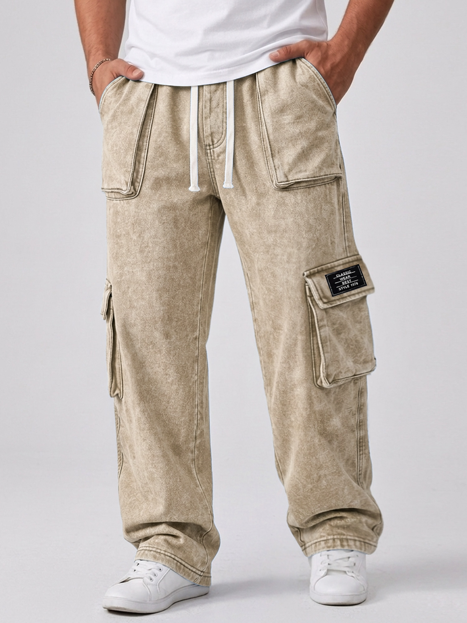Men's Casual Retro Multi-Pocket Embroidered Logo Cargo Pants