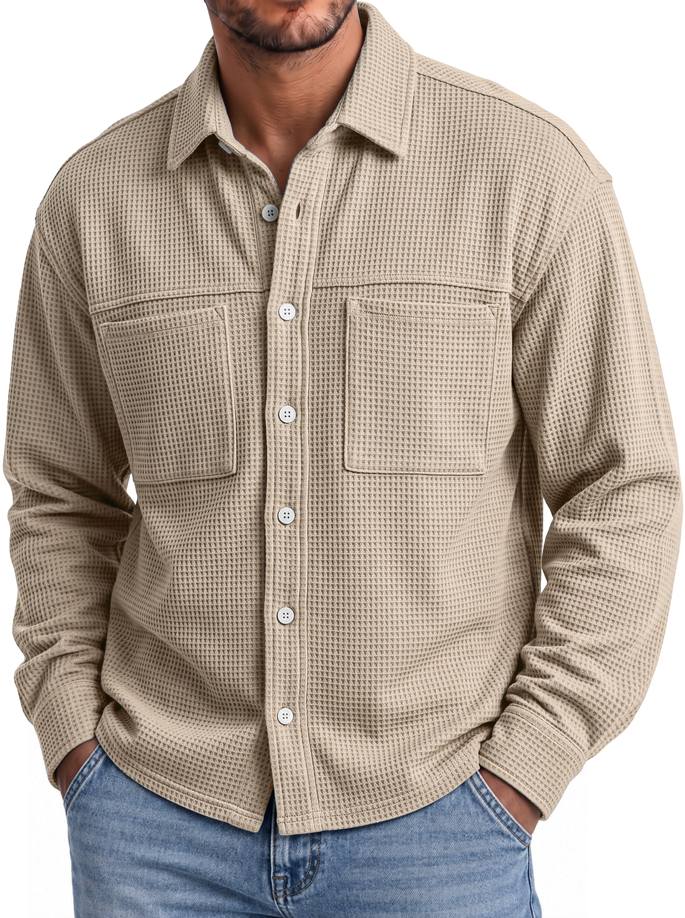 Men's Autumn Casual Long-Sleeve Waffle-Knit Shirt with Dual Pockets