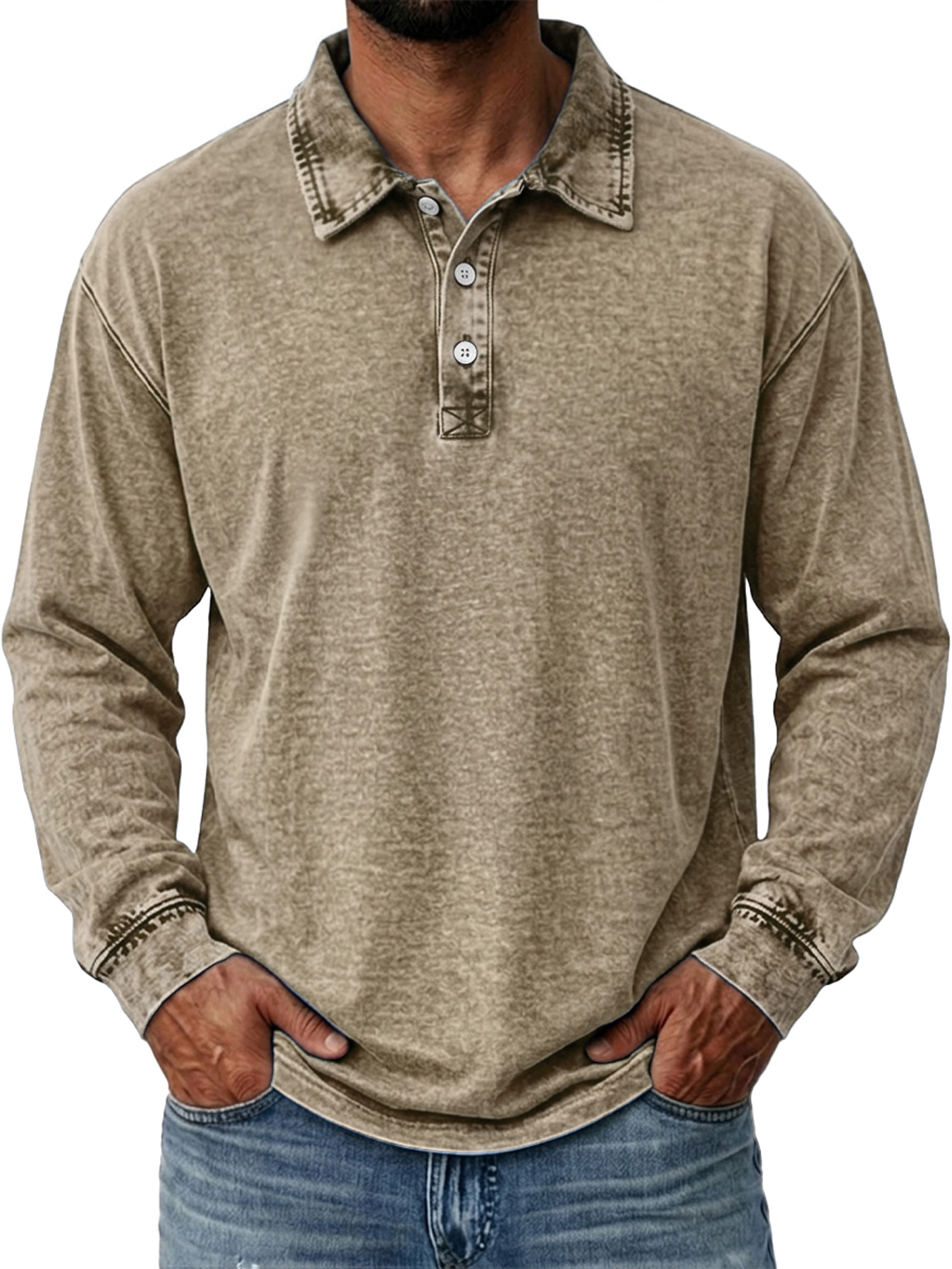 Men's Vintage Washed Cotton Long-Sleeve Polo Shirt with Collar and Button Placket