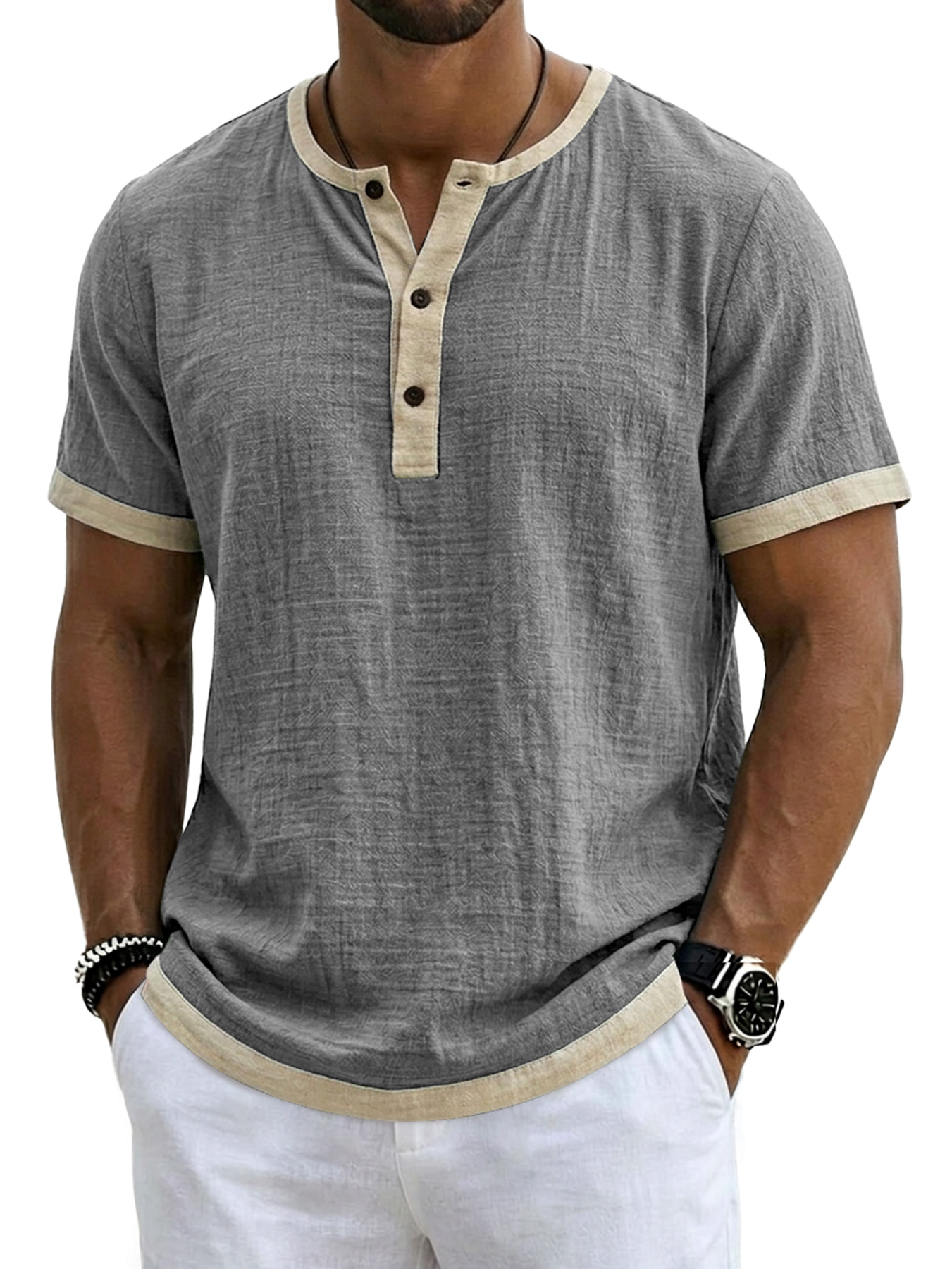 Men's Retro Linen Color Block Casual Short-Sleeve Henley Shirt