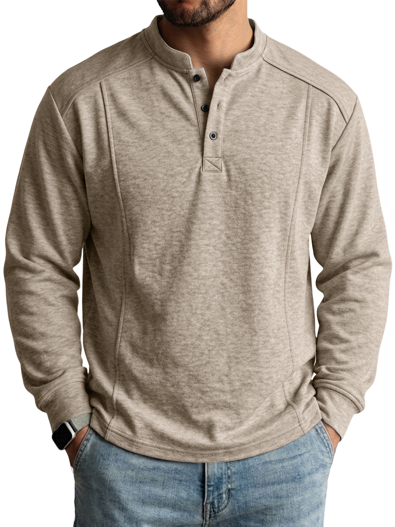 Men's Deconstructed Long-Sleeve Henley Shirt with Stand Collar and Button Detail