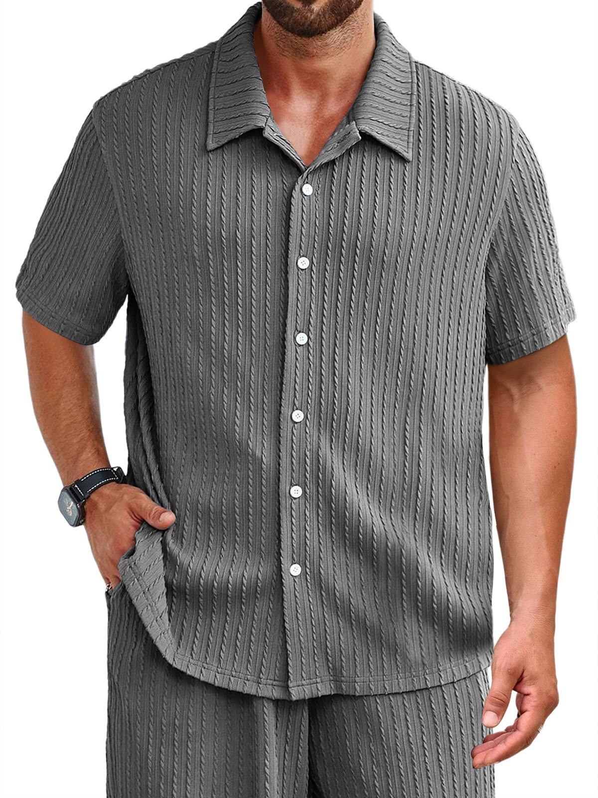 Men's Daily Jacquard Texture Casual Solid Color Short-sleeved Shirt