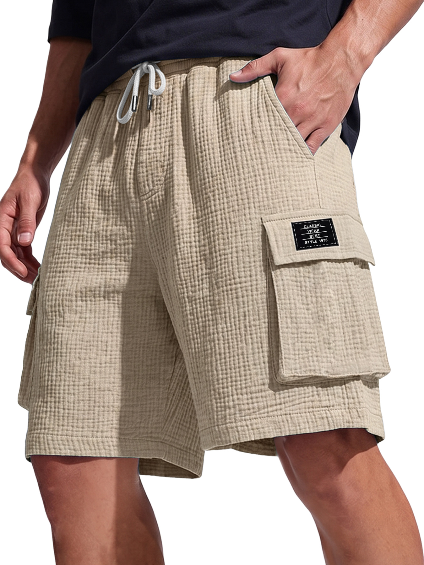 Men's Casual Multi-Pocket Cargo Shorts with Textured Pleats and Embroidered Logo