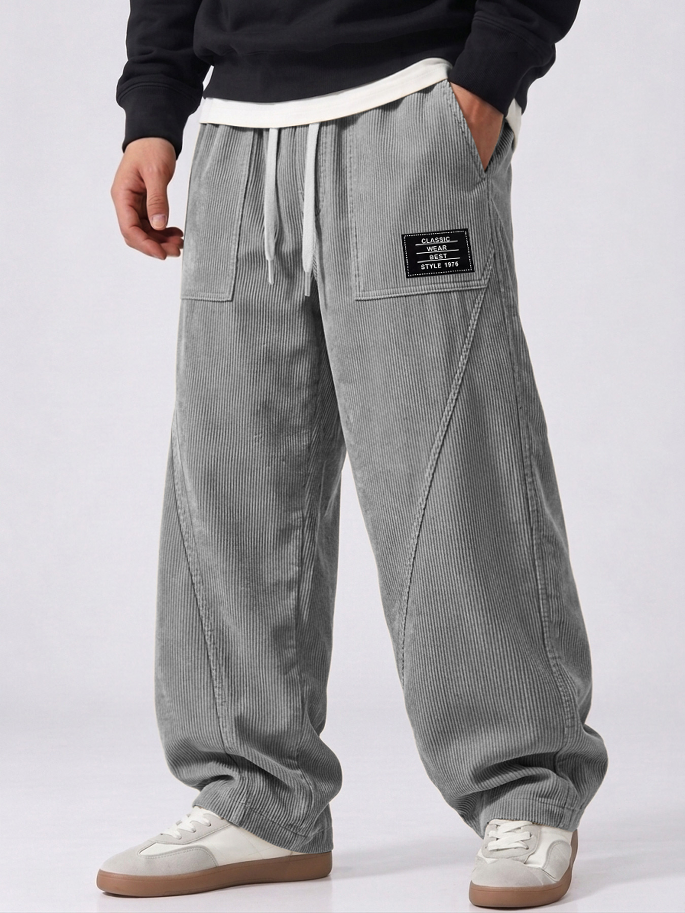 Men's Corduroy Deconstructed Casual Trousers with Patch Pockets and Curved Seam Detail