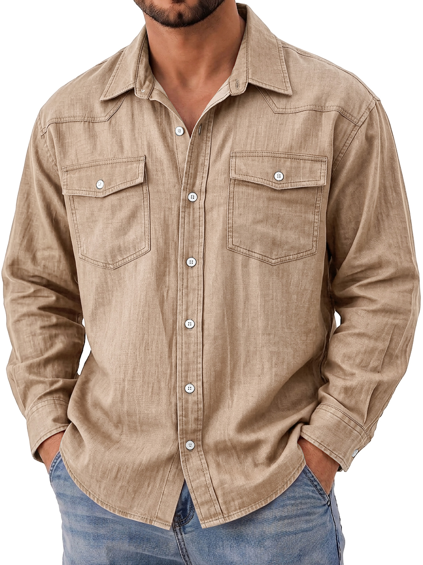 Men's Autumn Casual Long-Sleeve Shirt with Deconstructed Design and Dual Pockets