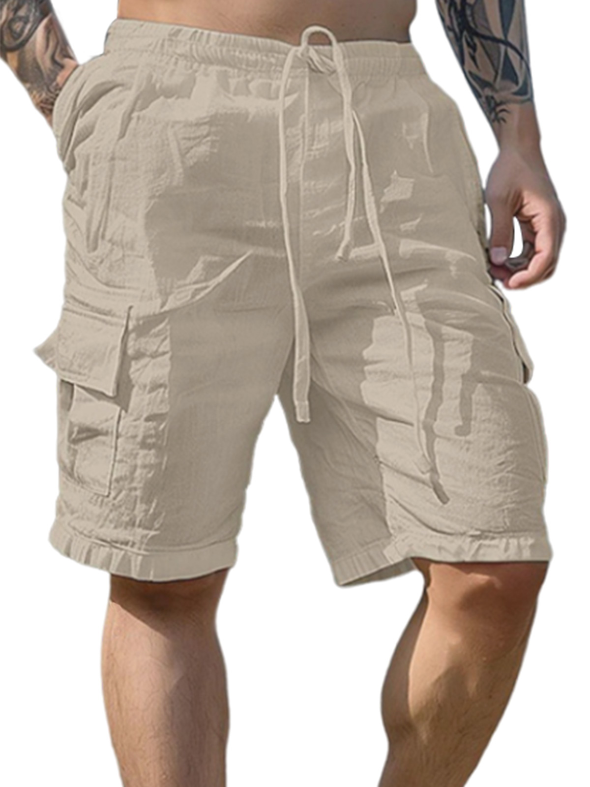 Men's summer beach pure cotton drawstring elastic waist casual shorts