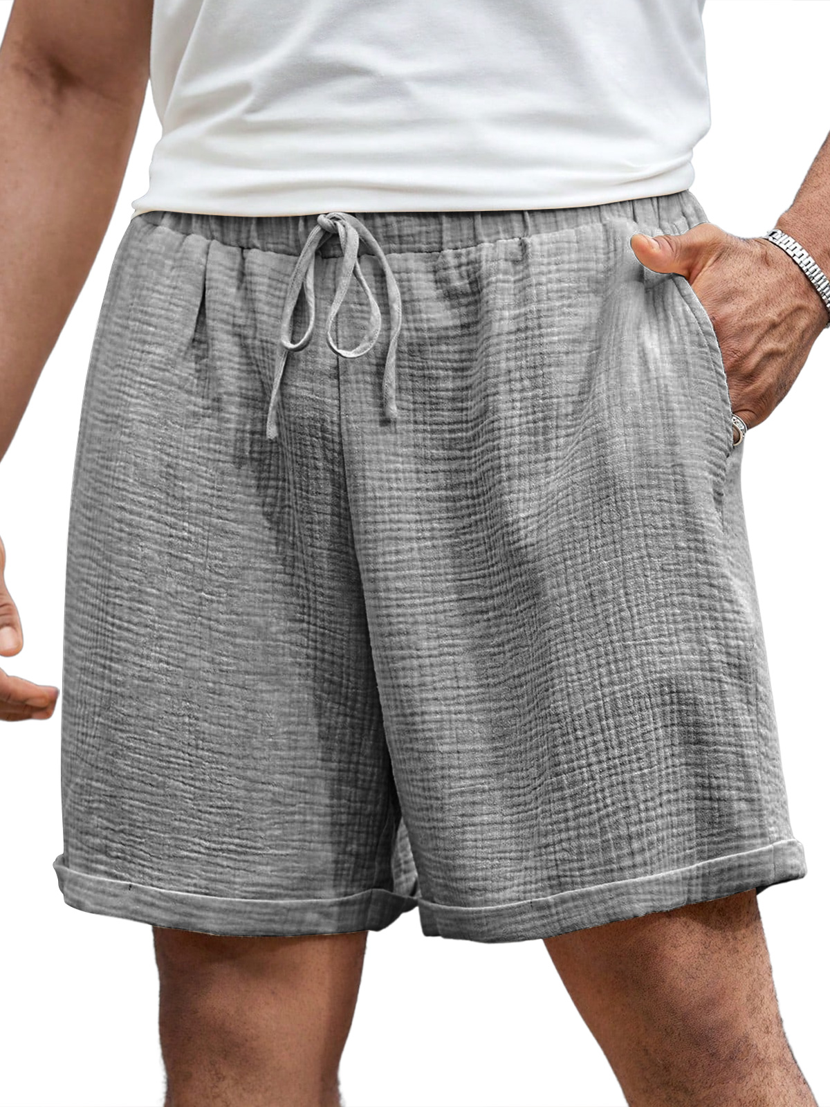 Men's Casual Pleated Elastic Waist Comfort Solid Color Shorts