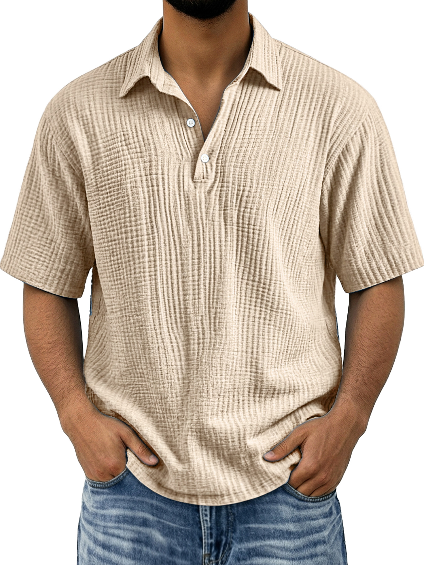 Men's Polo Shirt with Pleated Collar, Button-Down Casual Solid Color Short Sleeve