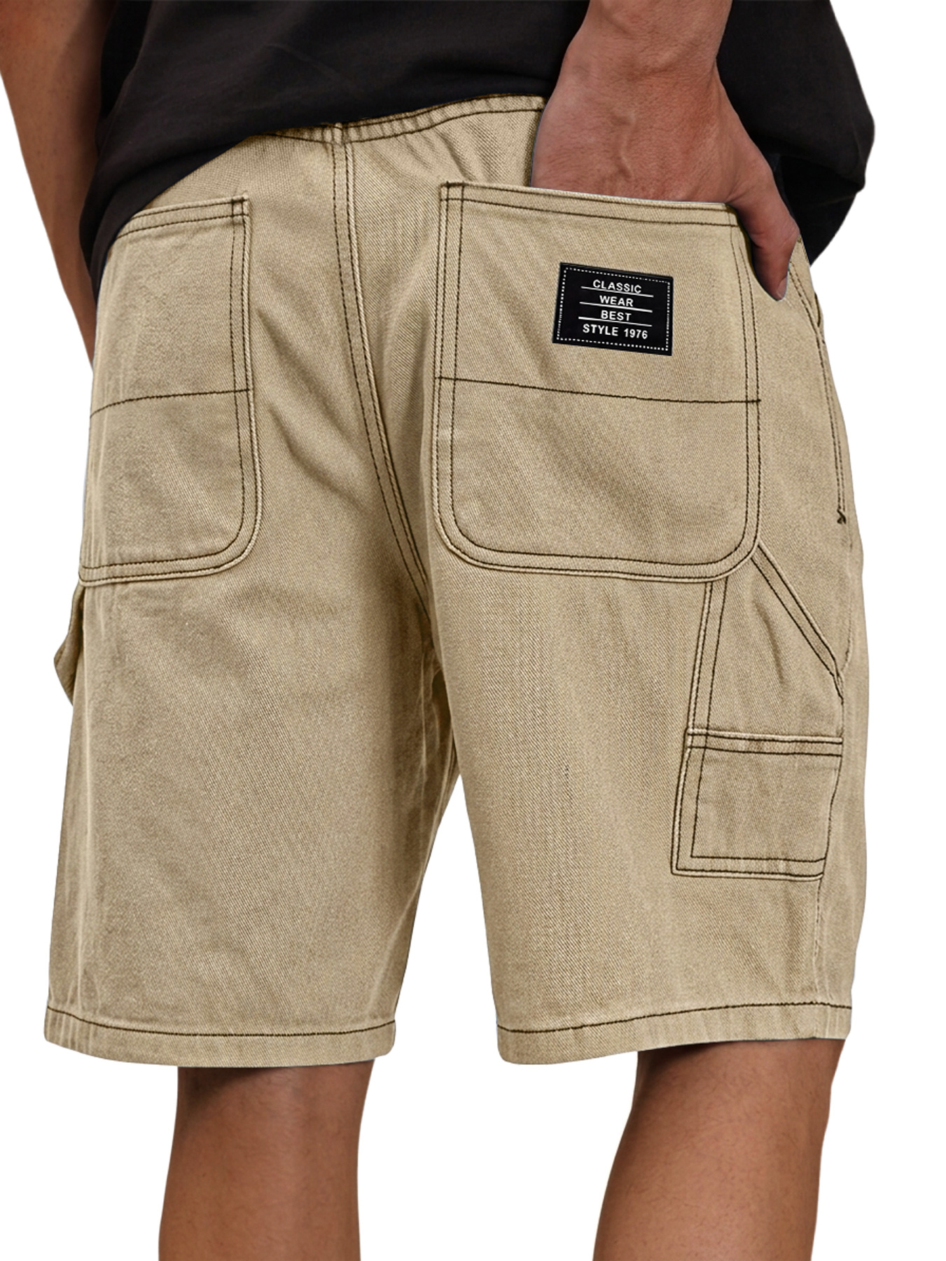 Men's Casual Solid-Color Cargo Shorts with Multiple Pockets and Embroidered Logo