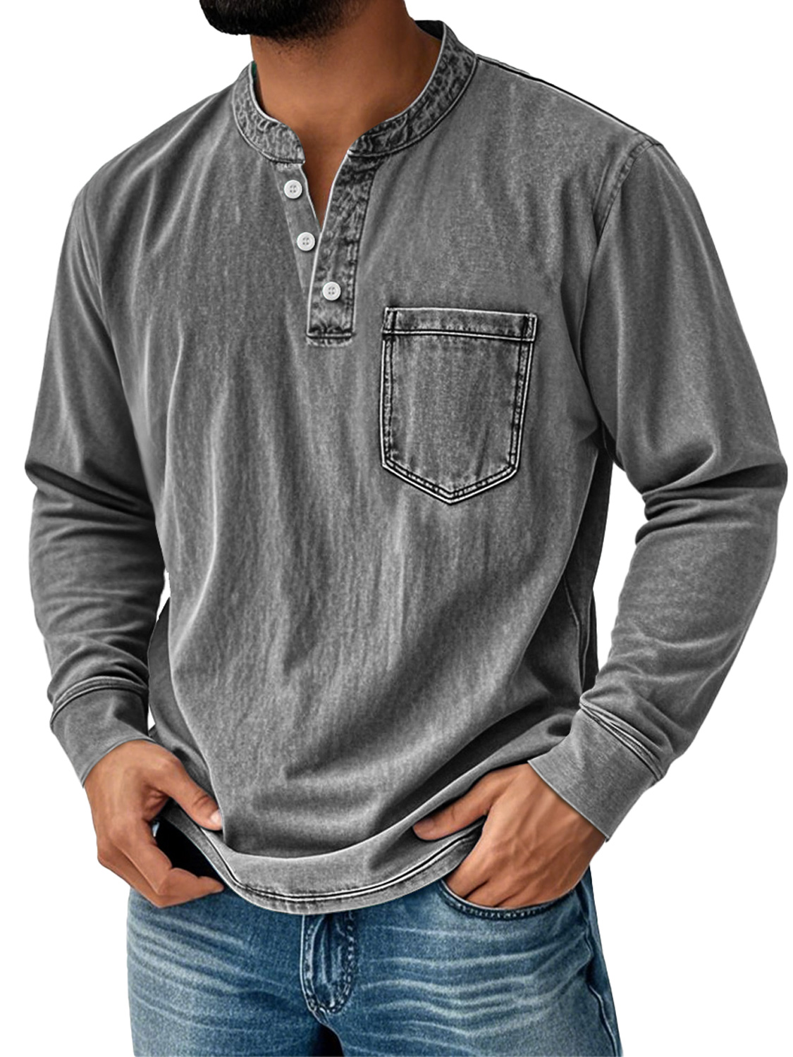 Men's Retro Stand Collar Pocket Casual Distressed Long Sleeve Henley Shirt