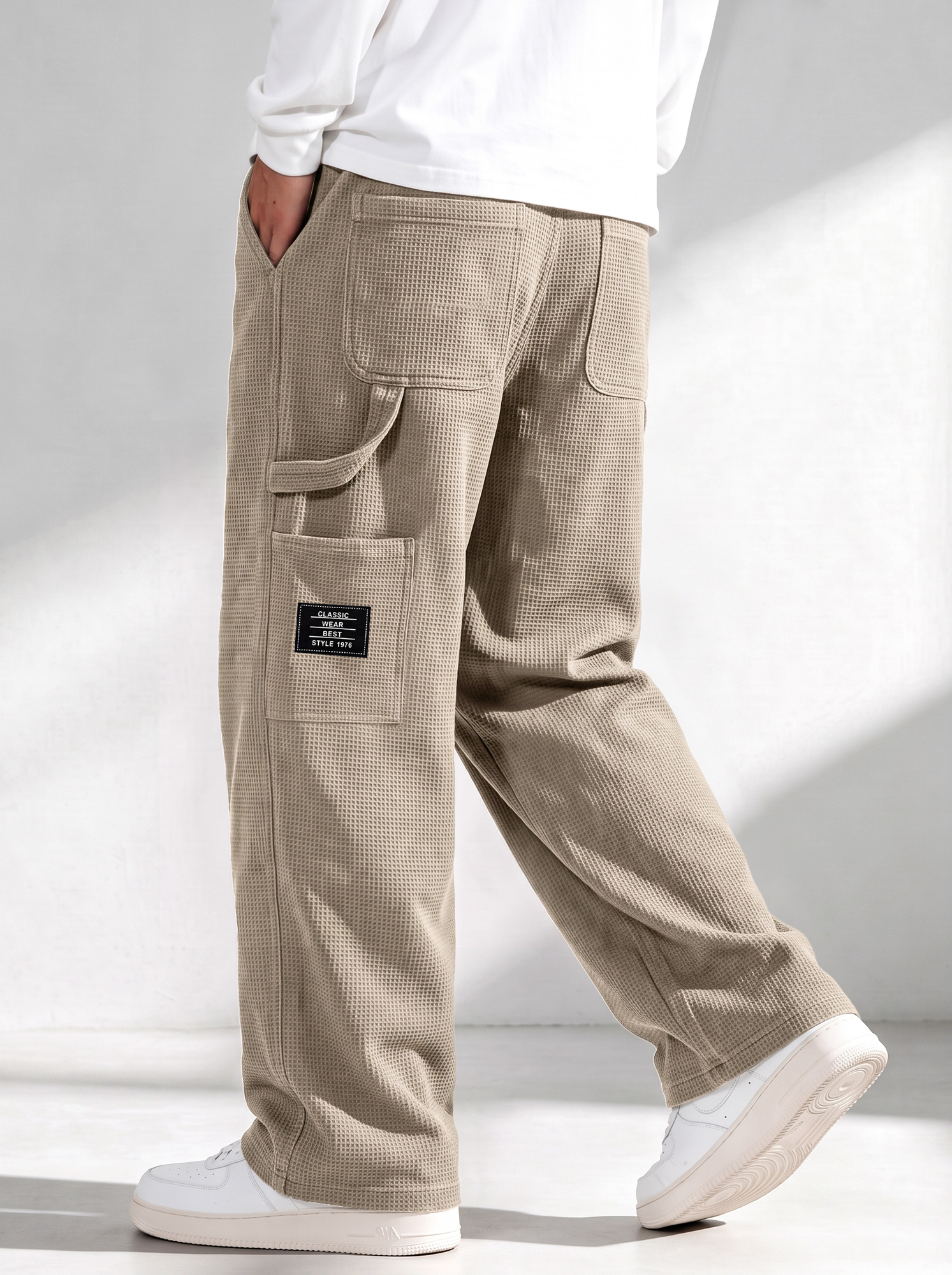 Men's Waffle-Knit Casual Cargo Pants with Multi-Pockets and Embroidered Logo
