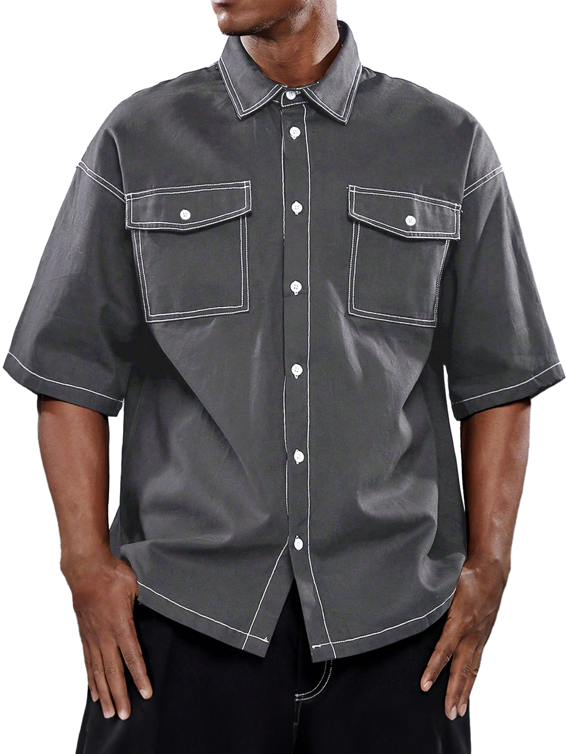 Men's Retro Workwear Double Pocket Casual Solid Color Short Sleeve Shirt