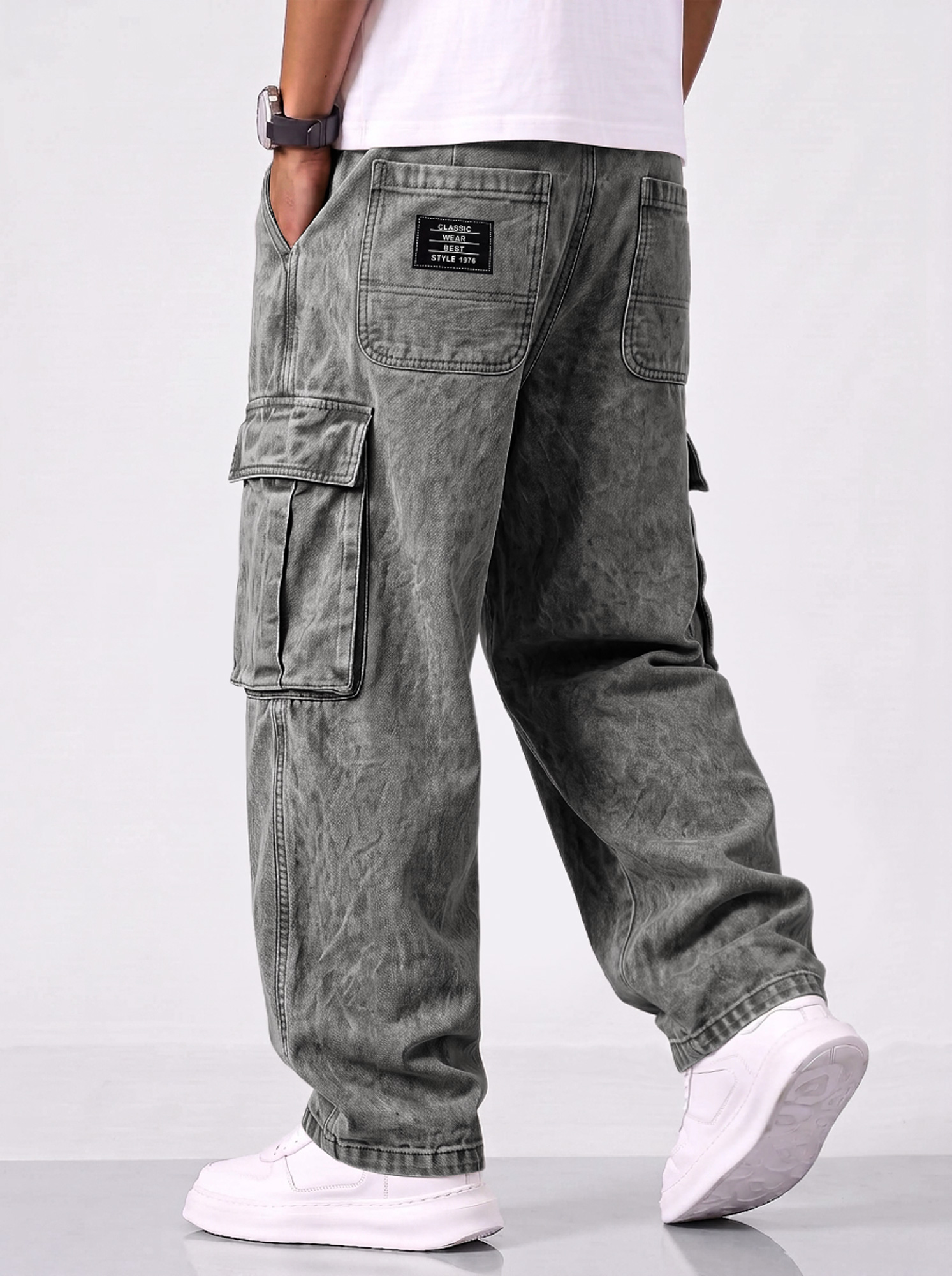 Men's Retro Multi-Pocket Casual Workwear Trousers with Embroidered Logo