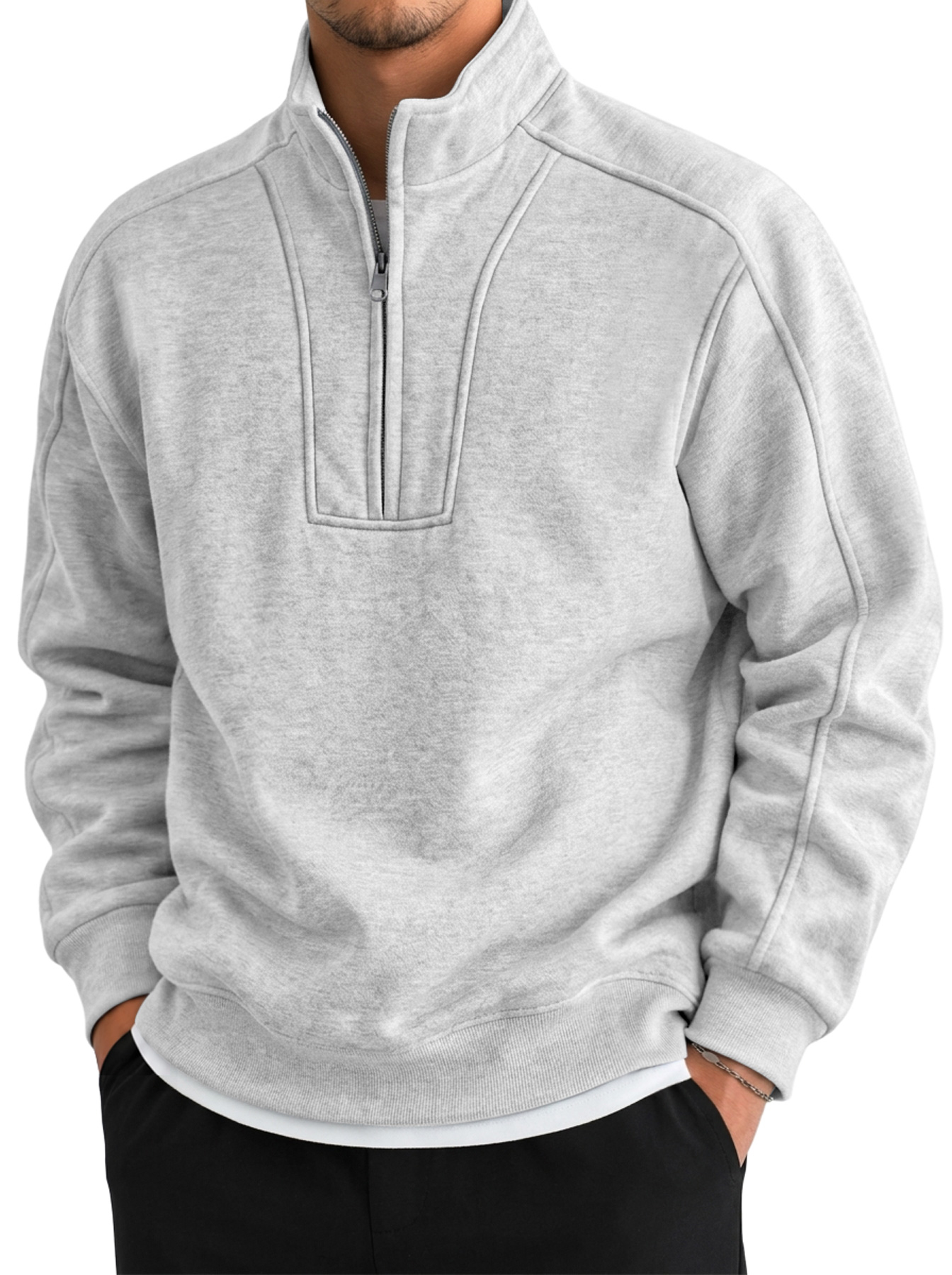 Men's Autumn/Winter Comfortable Sweatshirt with Stand Collar, Zipper, and Deconstructed Design