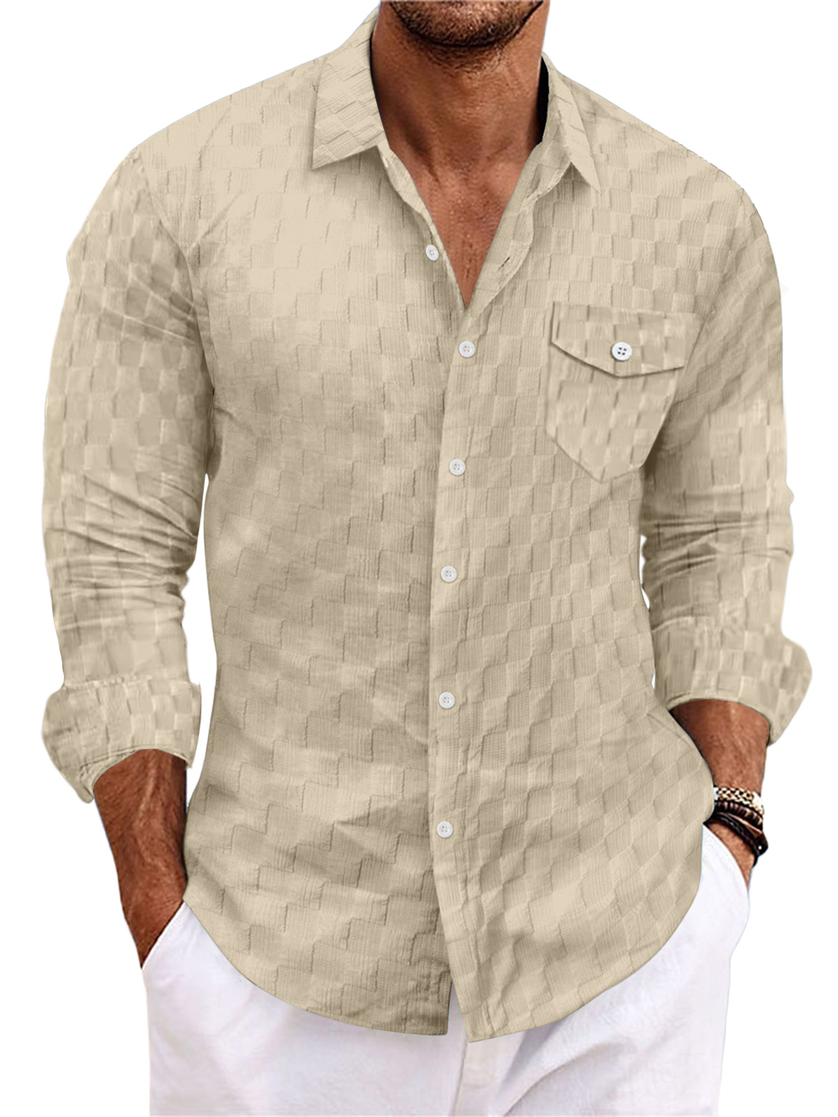 Men's Casual Plaid Jacquard Solid Color Pocket Long Sleeve Shirt