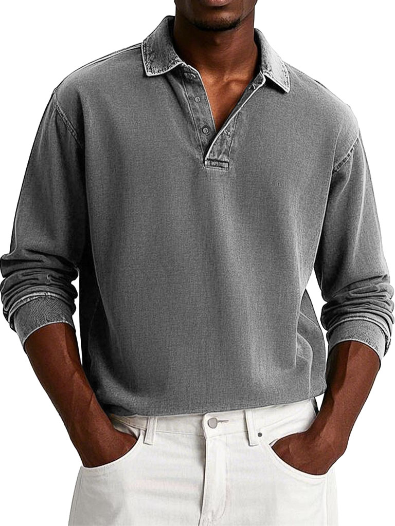 Men's Fashion Casual Retro Distressed Lapel Long-sleeved Polo Shirt 