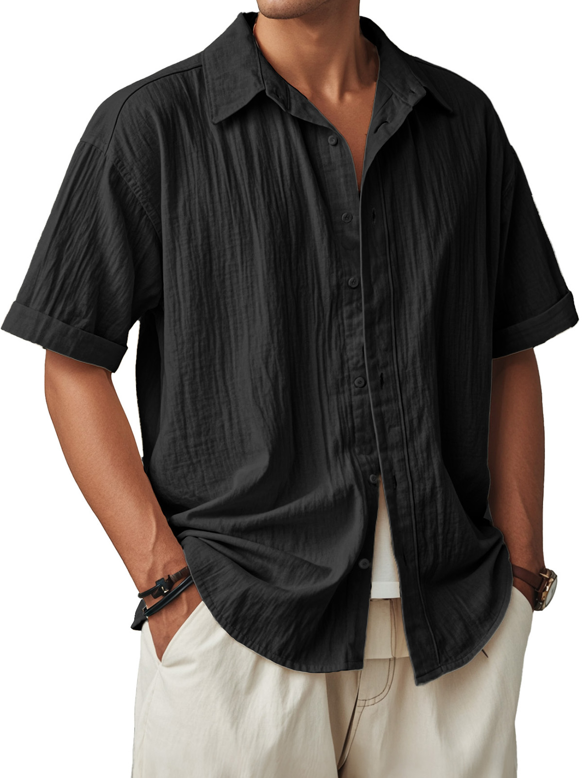 Men's Fashion Casual Pleated Fabric Short Sleeve Shirt