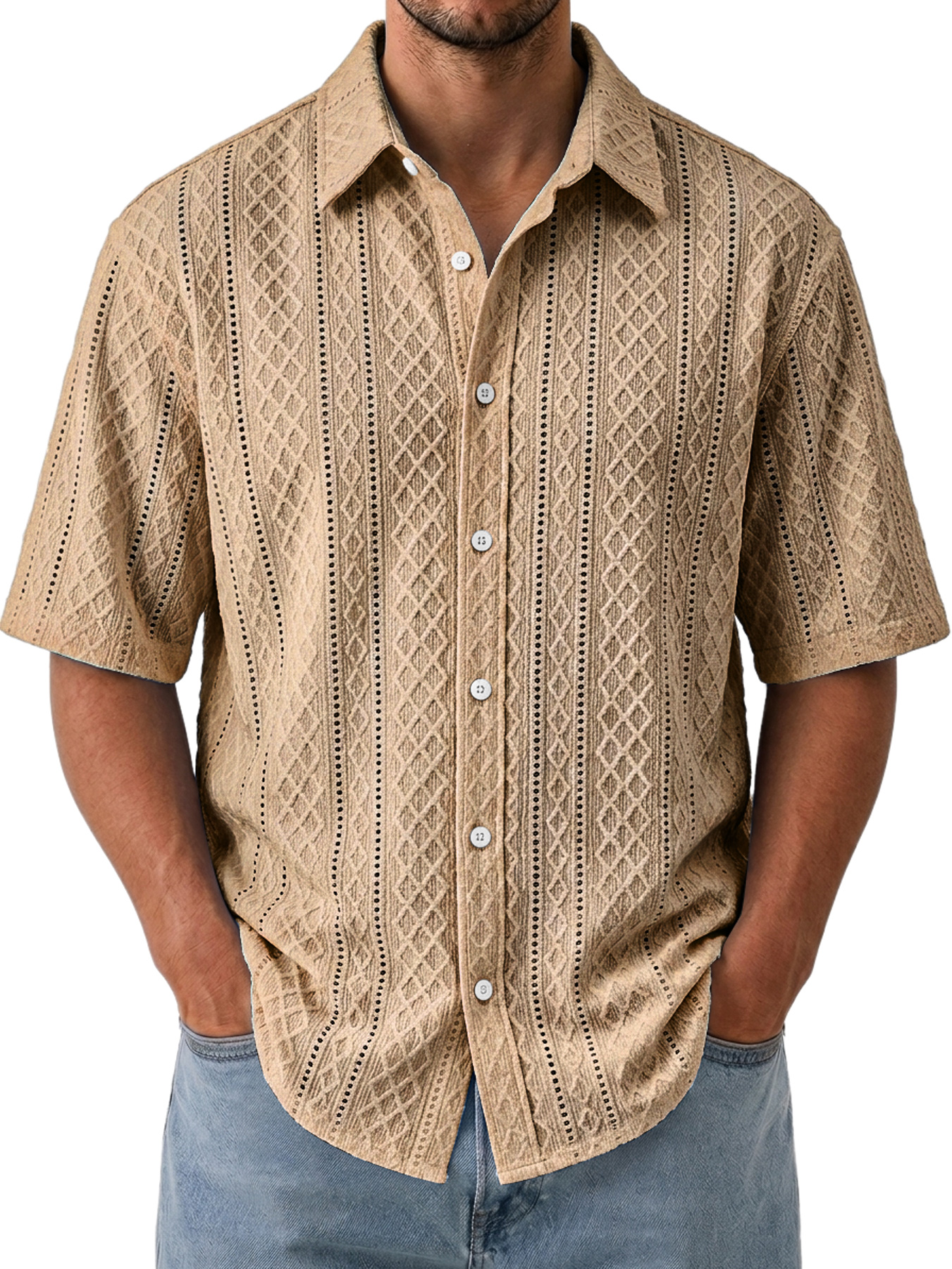 Men's Solid-Color Jacquard-Texture Casual Short-Sleeve Shirt