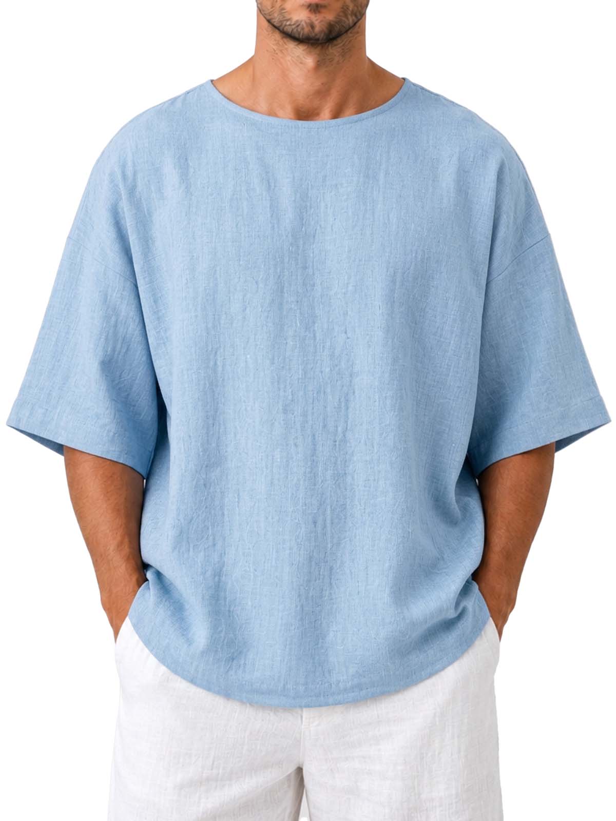 Cotton Linen Round Neck Loose Fit Casual Short Sleeve Top