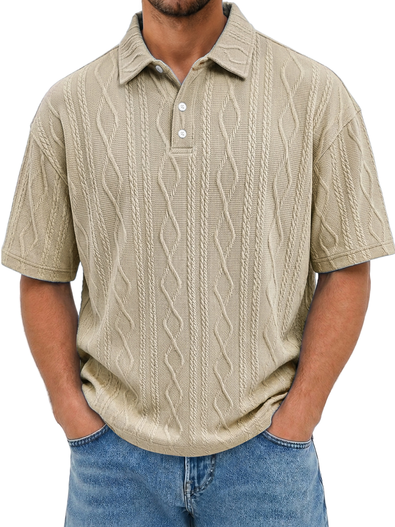 Men's Short-Sleeve Jacquard-Texture Polo Shirt with Collar and Button Placket