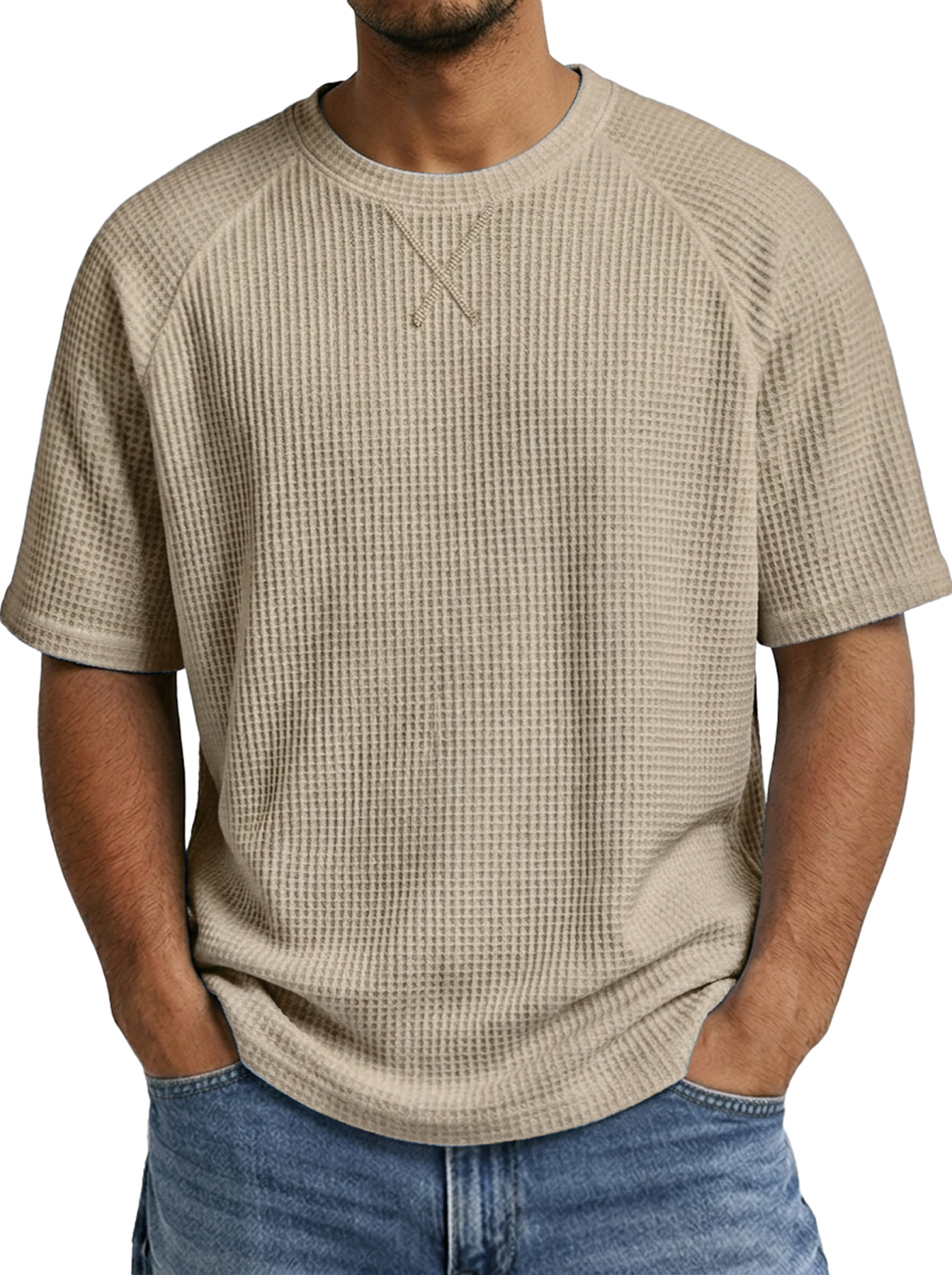 Men's Crew Neck Raglan Waffle Crossover Design Casual Short-Sleeve T-Shirt